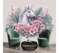 NAWVNMI Papel Pintado Pared Panorámico Unicornio Flamenco De Seda, 250 x 175cm, Hojas Flores Tropicales, Póster Gigante De Pared Personalizado 3D Para Salón O Dormitorio