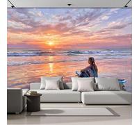 NAWVNMI Papel pintado Resplandor Del Atardecer en seda, Papel pintado Surfistas Playa para decoración pared, ideal para salón, dormitorio u oficina, 200 x 140cm