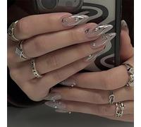 Nayyana 24 piezas Almendra Prensa en uñas Medianas Uñas postizas Astilla Remolino Pegamento en las uñas Rhinestone Stiletto Uñas acrílicas con diseño Plata Onda de agua Tabletas de uñas