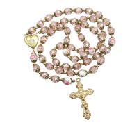Nazareth Store Collar con cuentas de cristal rosa católico, rosario dorado, medalla con medallón de corazón de Santa María y amuleto religioso cruzado para mujer