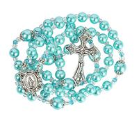 Nazareth Store Collar de cuentas de perlas azules para mujer con rosario hecho a mano con medalla milagrosa y cruz de Jesús, L, Vidrio, No es una piedra preciosa