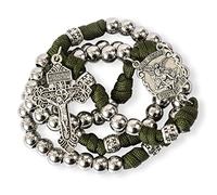 Nazareth Store Collar de cuentas de rosario de paracord verde de aleación de plata Medalla de San Miguel Cuentas de metal fuerte de 10 mm Rosario católico de Nuestro Padre con crucifijo de perdón