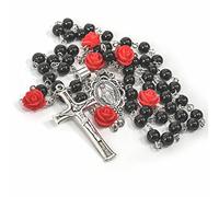 Nazareth Store - Collar de Rosario de Cuentas de hematita Negra de 6 mm Medalla Católica Nuestra Rosa Lourdes y Cruz de Jesús en Bolsa de Terciopelo