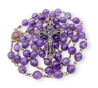 Nazareth Store Collar de rosario de diseño vintage, cuentas de piedra de amatista morada, medalla de suelo sagrado de 8 mm y crucifijo de cruz, rosarios religiosos, colección Terra Santa Jerusalén