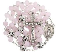 Nazareth Store Collar de Rosario de Misterio con Cuentas de Oración Cristal de 8 mm y Aleación de 10 mm, Medalla Milagrosa y Cruz Católica (Rosa)