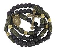 Nazareth Store Collar de rosario de paracord resistente y duradero de metal de bronce antiguo, cuentas de oración negras mate con medalla de San y crucifijo (Cruz de Jesús con medalla milagrosa.)