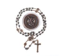 Nazareth Store - Collar de rosario de San Miguel con cuentas de hematita, cuentas de metal, cuentas de gloria, medalla del arcángel y cruz con caja de regalo de metal, 20 Inches, Zinc, No es una