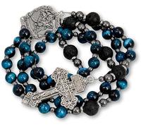 Nazareth Store Collar Rosario Católico de Ojo de Tigre Azul para Hombres con Medalla de Santo y Cruz del Padre Nuestro, Regalo Católico Resistente para Hombres (San Miguel)