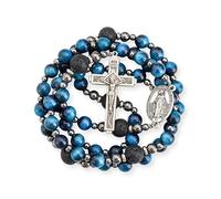 Nazareth Store Collar Rosario Católico de Ojo de Tigre Azul para Hombres con Medalla de Santo y Cruz del Padre Nuestro, Regalo Católico Resistente para Hombres (Milagroso)