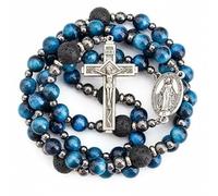 Nazareth Store Collar Rosario Católico de Ojo de Tigre Azul para Hombres con Medalla de Santo y Cruz del Padre Nuestro, Regalo Católico Resistente para Hombres (Milagroso)