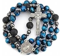 Nazareth Store Collar Rosario Católico de Ojo de Tigre Azul para Hombres con Medalla de Santo y Cruz del Padre Nuestro, Regalo Católico Resistente para Hombres (San Benito)