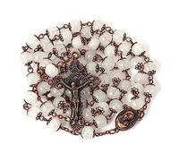 Nazareth Store Collar Rosario con Cuentas de Piedra Natural Diseño de Cobre Antiguo Medalla y Cruz de Tierra Santa en Bolsa de Terciopelo - Colección Terra Santa Jerusalén (Ágata Blanca)