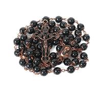 Nazareth Store Collar Rosario con Cuentas de Piedra Natural Diseño de Cobre Antiguo Medalla y Cruz de Tierra Santa en Bolsa de Terciopelo - Colección Terra Santa Jerusalén (Obsidiana Negra)