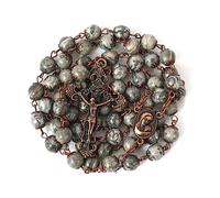Nazareth Store Collar Rosario con Cuentas de Piedra Natural Diseño de Cobre Antiguo Medalla y Cruz de Tierra Santa en Bolsa de Terciopelo - Colección Terra Santa Jerusalén (Mapa gris)