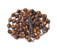 Nazareth Store Collar Rosario con Cuentas de Piedra Natural Diseño de Cobre Antiguo Medalla y Cruz de Tierra Santa en Bolsa de Terciopelo - Colección Terra Santa Jerusalén (Ojo de tigre marrón)