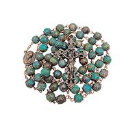 Nazareth Store Collar Rosario con Cuentas de Piedra Natural Diseño de Cobre Antiguo Medalla y Cruz de Tierra Santa en Bolsa de Terciopelo - Colección Terra Santa Jerusalén (Jaspe Verde)