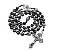 Nazareth Store Pardon Hematita - Rosario para hombre, cuentas negras, collar anudado de acero inoxidable, medalla milagrosa y cruz, 51 cm, Zinc