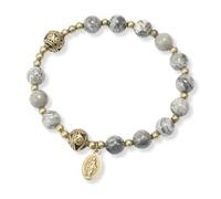 Nazareth Store Pulsera rosario de cuentas de piedra con separadores de metal y medalla católica, joyería de muñeca duradera y elegante, Flexible, Gema, No es una piedra preciosa