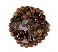 Nazareth Store Rosario católico hecho a mano con cuentas de madera maciza de oliva y rojo oscuro, collar de oración con medalla de cobre antiguo y crucifijo, regalo de guerrero espiritual para hombres