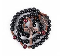Nazareth Store Rosario católico hecho a mano con cuentas de madera maciza de oliva y rojo oscuro, collar de oración con medalla de cobre antiguo y crucifijo, regalo de guerrero espiritual para hombres