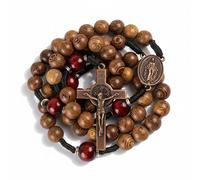 Nazareth Store Rosario católico hecho a mano con cuentas de madera maciza de oliva y rojo oscuro, collar de oración con medalla de cobre antiguo y crucifijo, regalo de guerrero espiritual para hombres