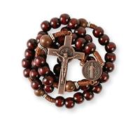 Nazareth Store Rosario católico hecho a mano con cuentas de madera maciza de oliva y rojo oscuro, collar de oración con medalla de cobre antiguo y crucifijo, regalo de guerrero espiritual para hombres