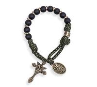 Nazareth Store Rosario de bronce antiguo de una década con cuentas negras mate de cuerda de paracaídas verde, hecha a mano, católico, ideal para viajes, S, Acero aleado, No es una piedra preciosa