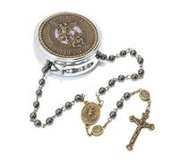 Nazareth Store Rosario de bronce con cuentas de hematita negra de San Miguel Arcángel y caja de metal. Rosarios hechos a mano para hombres y mujeres.