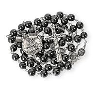 Nazareth Store Rosario de hematita con cuentas de piedra negra, medalla de oración de nuestro padre con centro de mesa y crucifijo de San Miguel, 53,34 cm, Piedra, Hematita