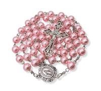 Nazareth Store Rosario de perlas rosadas de 8 mm, medalla milagrosa y cruz en bolsa de terciopelo, 50,8 cm, Perla