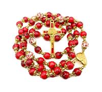 Nazareth Store - Rosario de San Benito de perlas rojas, collar católico con diseño de flores, con cuentas de los misterios, milagrosa medalla relicario y cruz, rosario para rezar
