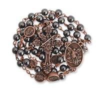 Nazareth Store Rosario de San Miguel, collar de cuentas de piedra de hematita, cuentas de gloria, medalla de arcángel y crucifijo para hombres y mujeres en caja de metal, 20 Inches, Zinc, No es una