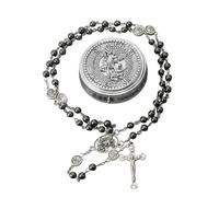 Nazareth Store Rosario de San Miguel, collar de cuentas de piedra de hematita, cuentas de metal con cuentas de gloria, medalla y cruz de arcángel con caja de regalo de metal