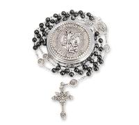 Nazareth Store Rosario de San Miguel Collar de cuentas de piedra hematita Cuentas de gloria de metal Medalla del Arcángel y cruz con caja de regalo de metal, 21", Piedra, No es una piedra preciosa