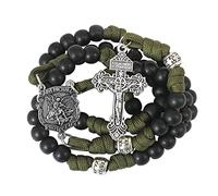 Nazareth Store Rosario de San Miguel con cuentas de paracord, resistente, con cordón, crucifijo católico de perdón (Negra)