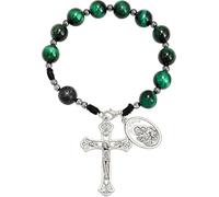 Nazareth Store Rosario de una década hecho a mano con cuentas de ojo de tigre, espejo de bolsillo para coche con medalla de San José y cruz de Jesús en piedra volcánica de plata envejecida, rosario