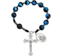 Nazareth Store Rosario de una década hecho a mano con cuentas de ojo de tigre, espejo de bolsillo para coche con medalla de San José y cruz de Jesús en piedra volcánica de plata envejecida, rosario