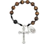 Nazareth Store Rosario de una década hecho a mano con cuentas de ojo de tigre, espejo de bolsillo para coche con medalla de San José y cruz de Jesús en piedra volcánica de plata envejecida, rosario