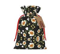 Nazhpo Bolsas de regalo de Navidad con estampado de hojas de flores, bolsas de regalo con cordón, bolsa de almacenamiento de caramelos, reutilizable, para fiestas, medianas, color negro