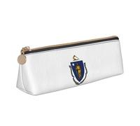 NBAGHPQ Estuche de cuero de alta capacidad con estampado de la bandera del estado de Massachusetts para bolígrafos y bolígrafos triangulares para niños y niñas