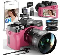 NBD Cámaras digitales 8K 64MP para fotografía con zoom de 16X, cámara de vlogging de enfoque automático mejorada 2026 con pantalla abatible de 180°, apuntar y disparar cámaras digitales con 2 baterías