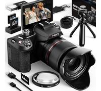 NBD Cámaras digitales 8K para fotografía, cámaras de vlogging de 64 MP, zoom óptico de 16X, punto de viaje y disparo, cámaras digitales con pantalla abatible de 180°, zapata caliente, 2 baterías