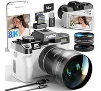 NBD Cámaras digitales 8K para fotografía, fotografía de cámara de 64 MP, cámaras de vlogging de viaje para YouTube con pantalla abatible de 180°, zoom digital de 16X, lente macro de 52 mm, 2 baterías