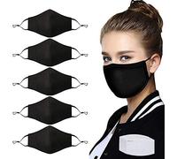 NBDIB 5 Pcs Adult Unisex Reusable Washable Adjustable Face Protection with Filter Pocket and Nose Wire Black Breathable Cotton Dust Cloth Mask with 10Pcs Replacement Carbon Filters for Man and Women