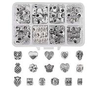 NBEADS 1 Caja de 96 Cuentas Tibetanas de Plata Envejecida, Espaciador Suelto (16 Formas Variadas de Cuentas Europeas) Compatible con Pulseras de Abalorios Europeas