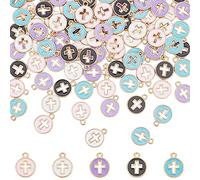 NBEADS 100 colgantes de cruz de aleación, 5 colores redonda plana, colgantes chapados en oro claro para manualidades, pulsera, collar, fabricación de joyas