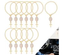 NBEADS 12 colgantes de rosario para volante, colgante de cruz, decoración de coche, 21 cm, ovalado, de aleación de aluminio, en forma de cruz, para decorar el espejo retrovisor, color dorado