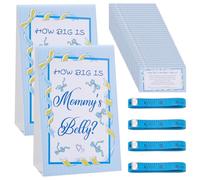 NBEADS 86 Udes Juegos Ducha Azules, Incluye Cartel ¿Qué Tan Grande Es La Barriga De Mamá, Juego Medición Barriga, 4 Udes Cinta Métrica Suave Pvc, 80 Tarjetas Para Suministros Fiesta Revelación Género