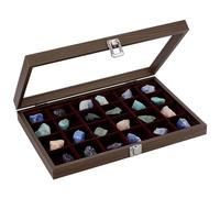 nbeads Caja de recogida de piedras con 24 compartimentos, vitrinas de madera para Raw Rock Crystal Collection Box con estantes para piedras coleccionables, cristales de piedras preciosas, color marrón