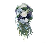 NbgrvB Elegante ramo de novia en forma de lágrima con flores de seda en cascada y rosas hechas a mano para novia, ceremonia de boda o accesorios de fotografía, azul (azul)